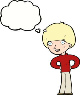 Bir insan tarafından çizilmiş düşünce baloncuğu olan kalçaları olan mutlu çocuk çizgi filmi.