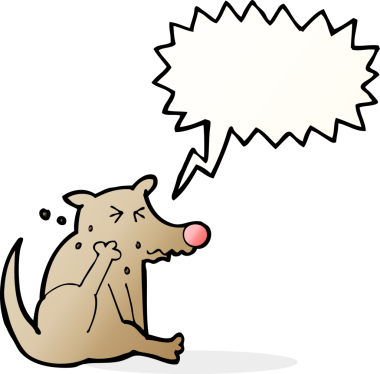 Bir insan tarafından çizilmiş konuşma baloncuğuyla kaşınan çizgi köpek.