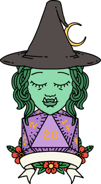 Retro Dövme Biçimi Bir insan tarafından çizilmiş doğal 20 zarlı yarı ork cadı karakteri