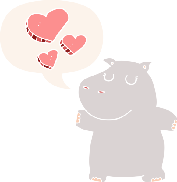 Çizgi film hipopotamları, bir insan tarafından çizilmiş konuşma baloncuğuna aşık.