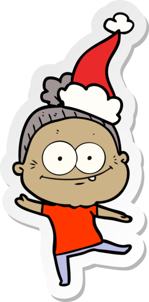 Bir insan tarafından çizilmiş Noel Baba şapkası giyen mutlu yaşlı bir kadının el yazısı.