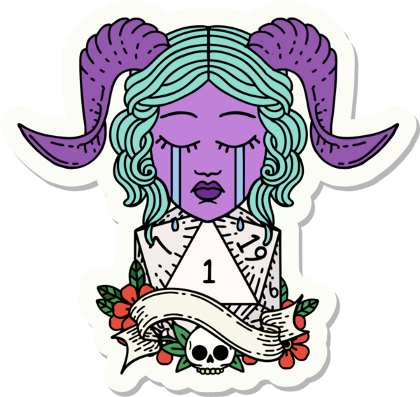 Ağlama etiketi, bir insan tarafından çizilmiş doğal bir D20 zar atışıyla bağlanmış.