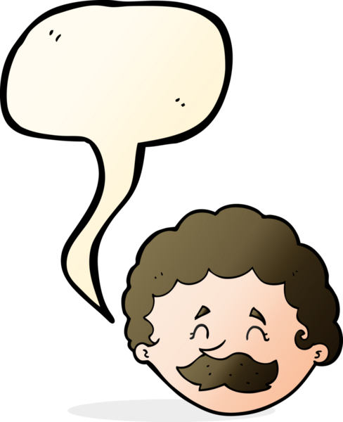 Bir insan tarafından çizilmiş konuşma balonlu bıyıklı bir çizgi film adamı.