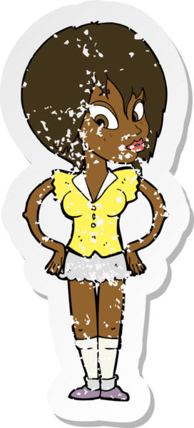 Bir insan tarafından çizilmiş kalçasında elleri olan bir karikatür kadının gerilmiş çıkartması.