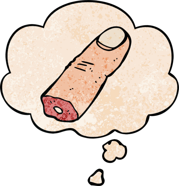 bir insan tarafından çizilmiş grunge desen şeklinde düşünce baloncuğu ile kesilmiş parmak karikatürü.