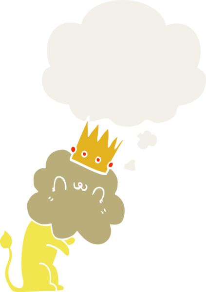 İnsan tarafından çizilmiş düşünce baloncuklu taç takan çizgi film aslanı.