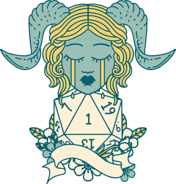 Retro Dövme Biçimi ağlayarak doğal bir D20 rulosuyla bir insan tarafından çizilmiş.