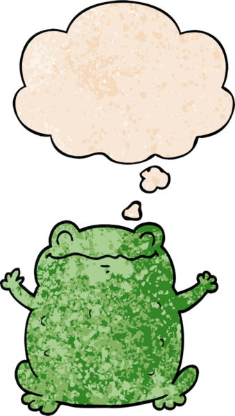 Bir insan tarafından çizilmiş grunge doku tarzında düşünce baloncuğu olan çizgi film karakurbağası.