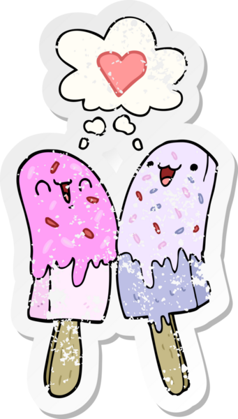 Düşünce baloncuğuna aşık buz lolipopu insan tarafından çizilmiş yıpranmış bir çıkartma gibi.