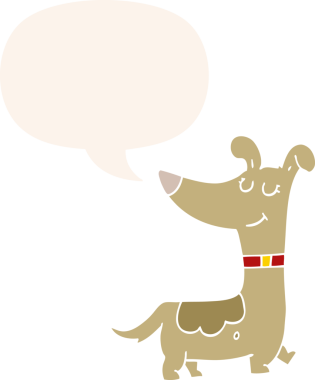 Konuşma baloncuğu olan bir insan tarafından çizilmiş bir çizgi film köpeği.