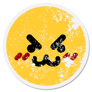 Kızgın şirin hayvan suratlı bir insan tarafından çizilmiş dairesel bir etiket.