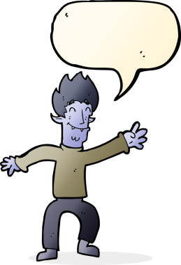 Bir insan tarafından çizilmiş konuşma balonlu mutlu vampir adam çizgi filmi.