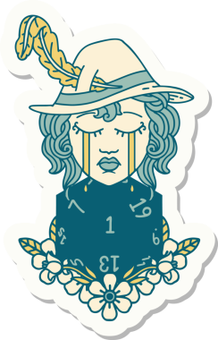 Ağlayan bir insan şairin çıkartması ve bir insan tarafından çizilmiş doğal bir D20 zar.