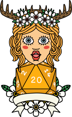 Retro Dövme Tarzı İnsan Druid Bir insan tarafından çizilmiş doğal 20 zar ile