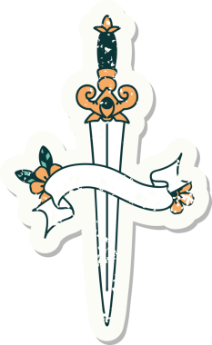 Bir insan tarafından çizilmiş bir hançerin bayrağı olan eski bir etiket.