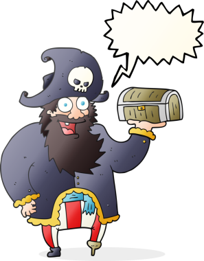 Bir insan tarafından çizilmiş hazine sandığı olan serbest konuşma balonu karikatürü korsan kaptanı