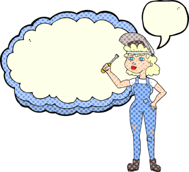 Bir insan tarafından çizilmiş serbest çizilmiş çizgi roman konuşma balonu kadın mekanikçi.