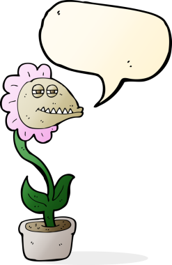 Bir insan tarafından çizilmiş konuşma baloncuklu canavar çiçek.