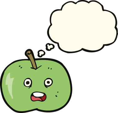 Bir insan tarafından çizilmiş düşünce baloncuklu parlak bir elma.