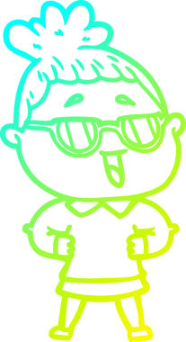 Bir insan tarafından çizilmiş gözlük takan mutlu bir kadının çizgi film çizimi.