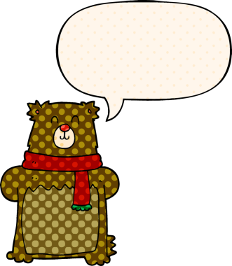 Bir insan tarafından çizilmiş çizgi roman tarzında konuşma balonu olan çizgi film ayısı.