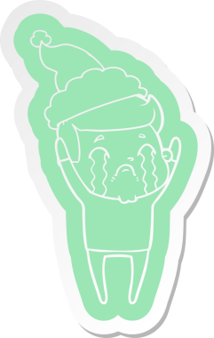 Bir insan tarafından çizilmiş Noel Baba şapkasıyla ağlayan bir adamın garip karikatür çıkartması.