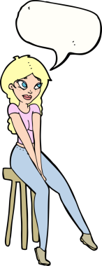 Bir insan tarafından çizilmiş konuşma balonuyla taburedeki güzel kız.