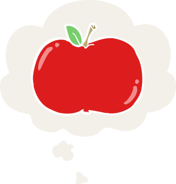 insan tarafından çizilmiş, düşünce baloncuklu çizgi film elması.