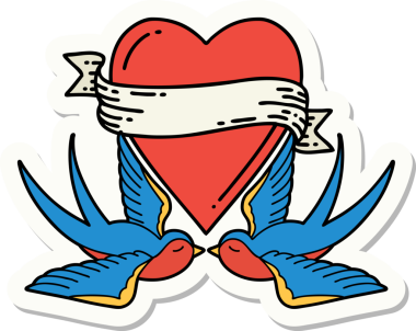 Geleneksel kırlangıç stili dövme çıkartması ve bir insan tarafından çizilmiş sancaklı bir kalp.