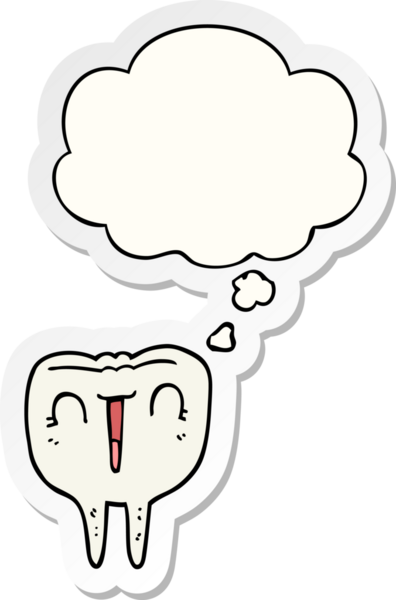 İnsan tarafından çizilmiş bir çıkartma gibi düşünce baloncuklu çizgi film mutlu dişi.