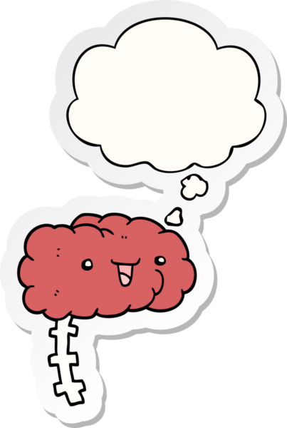 İnsan tarafından çizilmiş bir çıkartma gibi düşünce baloncuklu mutlu çizgi film beyni.