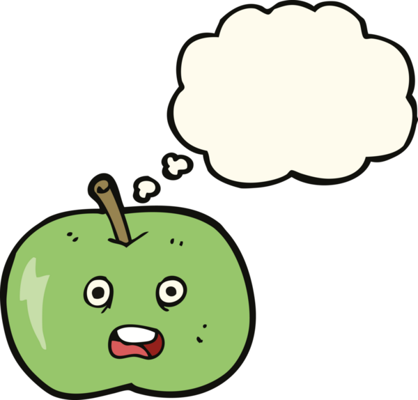 Bir insan tarafından çizilmiş düşünce baloncuklu parlak bir elma.