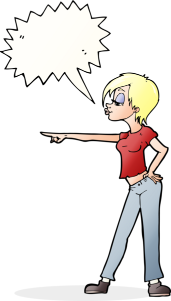 Bir insan tarafından çizilmiş konuşma balonuyla işaret eden çizgi film karakteri kadın.