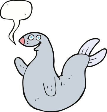 Bir insan tarafından çizilmiş konuşma balonlu mutlu fok.