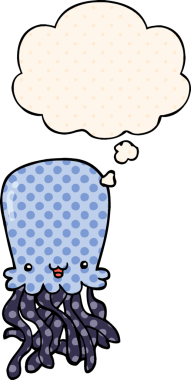 Çizgi roman tarzında bir insan tarafından çizilmiş düşünce baloncuklu ahtapot.