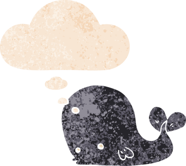 Düşünce baloncuklu çizgi film balinası grunge sıkıntılı retro dokulu bir insan tarafından çizilmiş