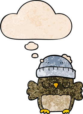 Bir insan tarafından çizilmiş grunge desenli düşünce baloncuğu olan şapkalı sevimli çizgi film baykuşu.