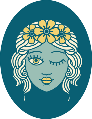 İkonik dövme stili. Taç takmış bir genç kız. Bir insan tarafından çizilmiş.