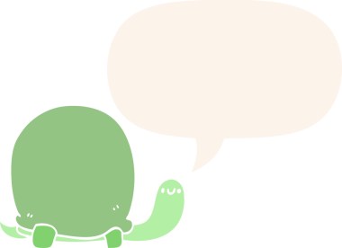 Bir insan tarafından çizilmiş, konuşma baloncuğu olan sevimli bir karikatür kaplumbağa.