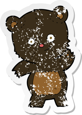 Bir insan tarafından çizilmiş sevimli bir siyah ayı çizgi filminin gerilimli retro yapıştırması