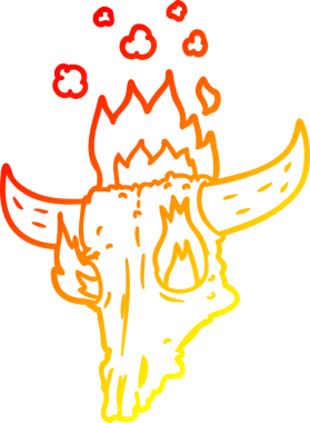 Ürkütücü, alevli bir hayvanın insan tarafından çizilmiş kafatası karikatürü.