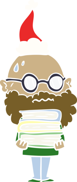 El çizimi düz renkli, sakallı ve Noel Baba şapkası takan endişeli bir adamın resmi.