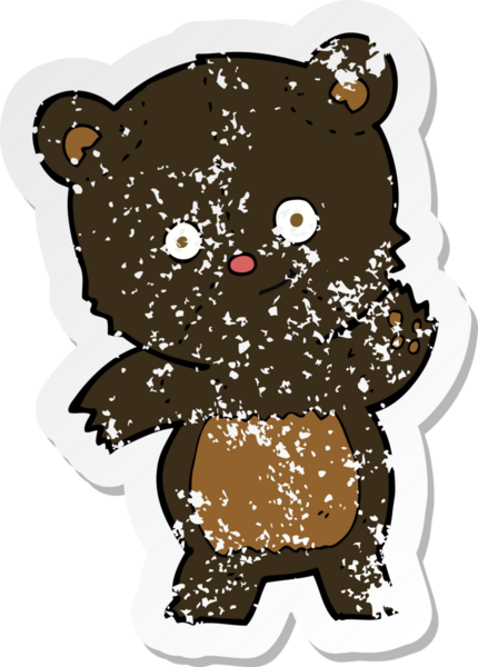 Bir insan tarafından çizilmiş sevimli bir siyah ayı çizgi filminin gerilimli retro yapıştırması