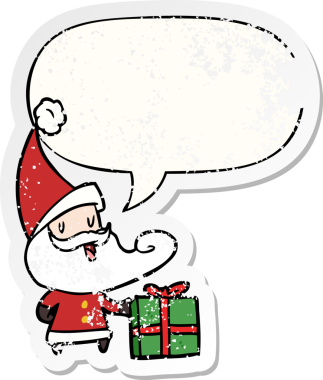 Karikatür Noel Baba. Konuşma baloncuğu olan. Bir insan tarafından çizilmiş sıkıntılı eski bir çıkartma.