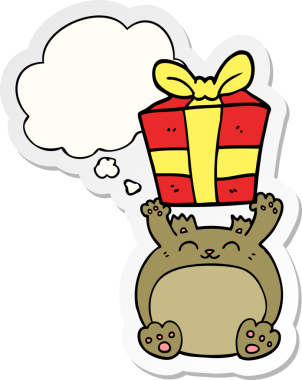 Bir insan tarafından çizilmiş bir çıkartma gibi düşünce baloncuğu olan şirin bir çizgi film Noel ayısı.