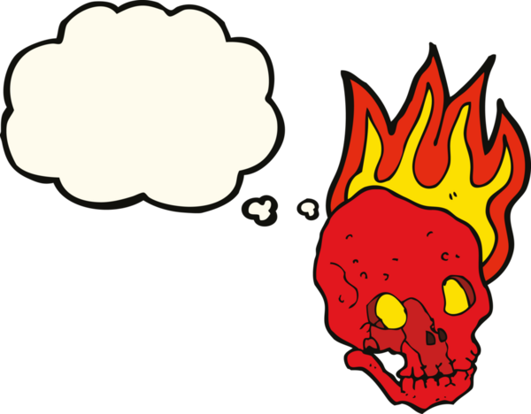 Bir insan tarafından çizilmiş düşünce baloncuklu yanan kafatası.
