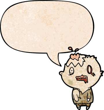 Konuşma baloncuğu olan çizgi film zombisi insan tarafından çizilmiş retro doku.