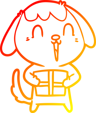 Bir insan tarafından çizilmiş Noel hediyeli şirin bir köpeğin sıcak çizgi çizimi.