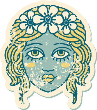 Bir insan tarafından çizilmiş çiçek desenli kadın yüzünün sembolik dövmesi.