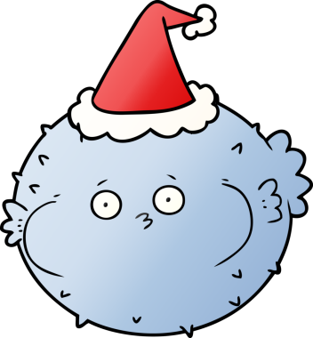 Bir insan tarafından çizilmiş Noel Baba şapkası giyen kirpi balığının el çizimi karikatürü.